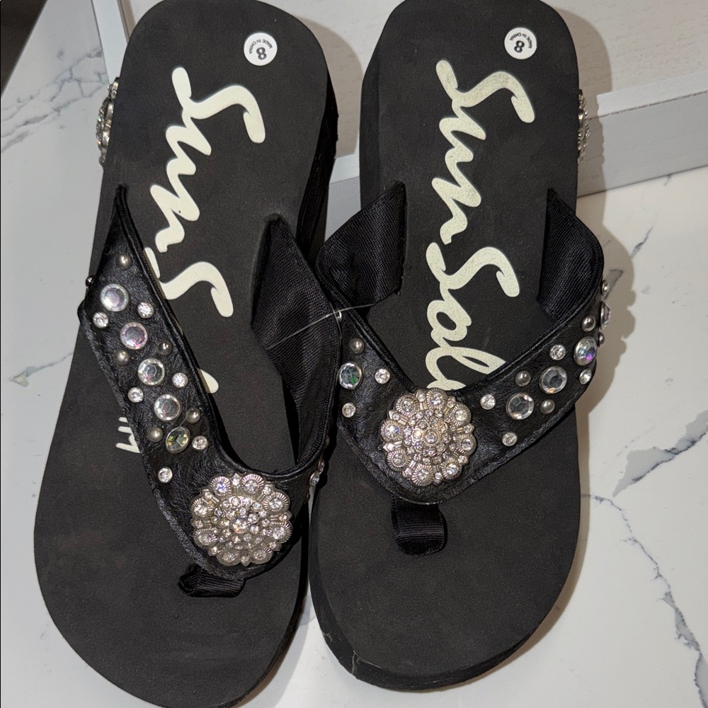 Sun Sole  Black Rhinestone Flower Thong Sandd